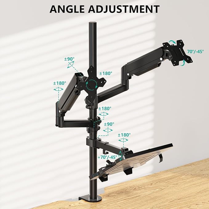 WALI Triple Arm Laptop and Dual Monitor Desk Mount for 17" Notebook and Up to 32" Screens, Adjustable Monitor Arms with Tilt Swivel Rotation, VESA 75x75 100x100, Black (GSDM003LP) - Image 3