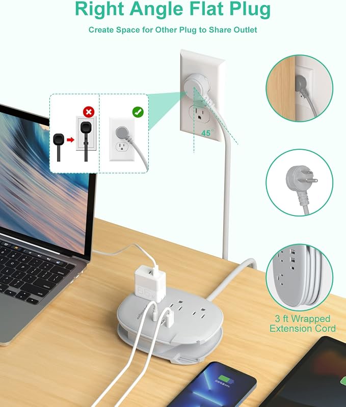 Alitayee USB C Portable Travel Power Strip,3ft Wrapped Extension Cord,3.1A | 3 Outlets,3 USB Ports,3ft Wrapped Around Extension Cord,Fast Charge,Flat Plug, Outlet Extender,For Cruise Travel Home Office - Image 5
