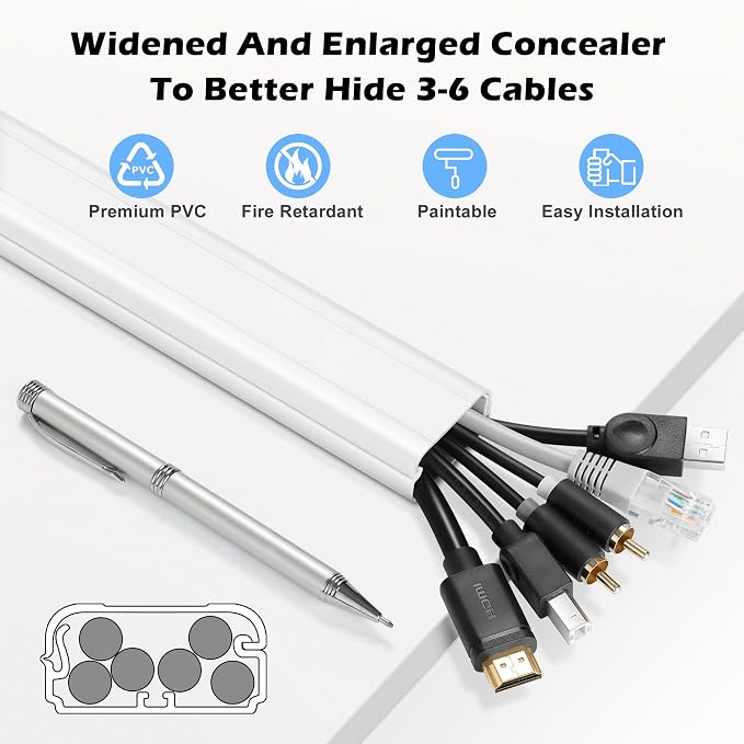 TV Cord Hider - 39in(3xL13in) Cord Covers for Wall Mounted TV Cable Hider Wall Kit | Wire Hiders for TV on Wall, Wire Covers for Cords, Cable Concealer Hide Cords, 1.5" W x 0.75" H, White - Image 4