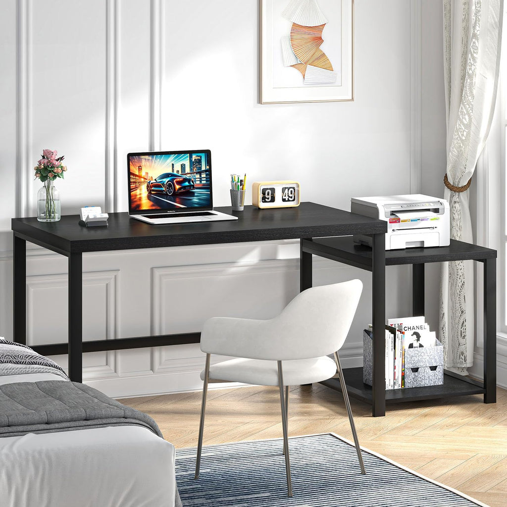 Large Home Office Desk, Black Computer Desk with Storage Shelves, Modern Wood Writing Study Gaming Table for Bedroom Living Room, 63 Inch - Image 3