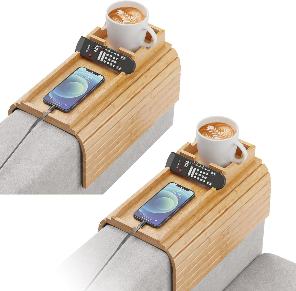 2 Pack Sofa Armrest Tray with Detachable Cup Holder Tray (Bamboo) by Bestjing
