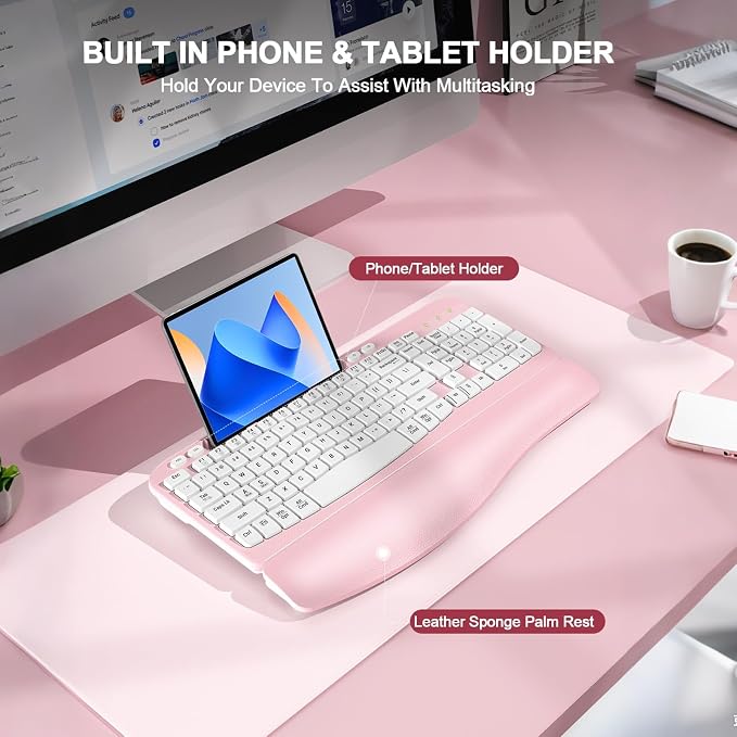EAYBLLY 2.4G Wireless Ergonomic Keyboard, Full Size Wave Keys with Memory Foam Wrist Rest & 7.28in Phone Holder, USB-C Adapter Included for Windows Mac Chrome OS, Office or Home (Pink) - Image 5