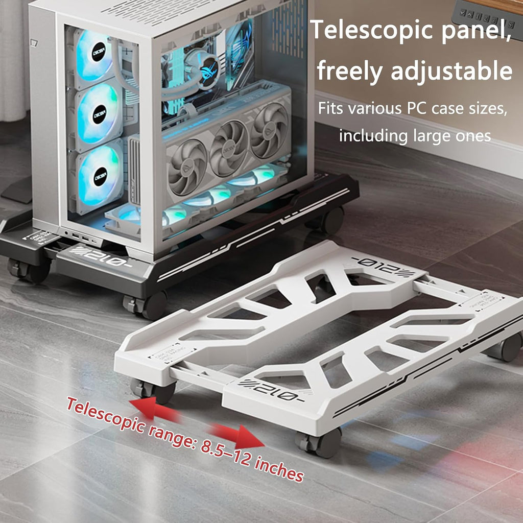 Adjustable Ventilated CPU Stand on Wheels: Mobile PC Tower Floor Cart with 4 Locking Caster Wheels, Universal Rolling Computer Holder & Under Desk Riser for Gamers, Students, Home Office (White) - Image 2