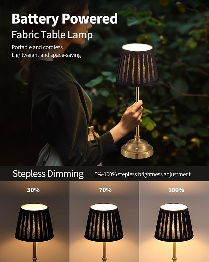 KDG Gold Cordless LED Table Lamps Set of 2, Black Fabric Shade Desk Lamps | Portable 4000mAh Rechargeable Battery Powered, Dimmable Lighting for Dining Room, Bedroom, Bedside, Night Light, Balcony - Image 4