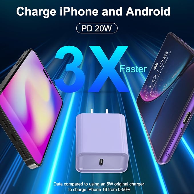 iPhone 17 16 15 Charger Fast Charging 10FT Long Cord with USBC Block Purple | 3 Pack PD 20W USB C Charger with Cord, Type C Chargers Block for iPhone 17/17 Pro/17 Pro Max/16/16 Pro/16 Pro Max/15 - Image 3