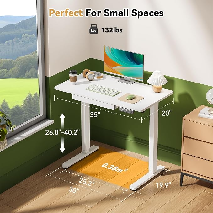 35” Rolling Standing Desk with Drawer & Wheels, White | 18mm One-piece Electric Height Adjustable Desk with Cable Clip on Lockable Wheels, Small Mobile Rising Laptop Workstation - Image 8
