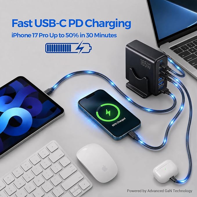 165W GaN Charging Station, 6-Port USB C & USB A Charger, Black | 165W GaN, 6-Port USB Charging Station, 3x40W USB-C + 3x15W USB-A, ABS+PC, Charge 6 Devices, Home Office Travel - Image 3