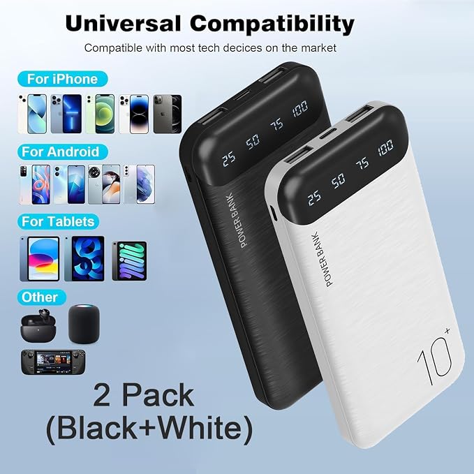 Power Bank 10000mAh Portable Charger Slim Battery Pack with 2 USB 2.4A Outputs and USB C In/Out Compatible with Huawei iPhone 16 15 14 13 12 iPad Samsung Galaxy S20 Android Tablet (Black + White) - Image 3