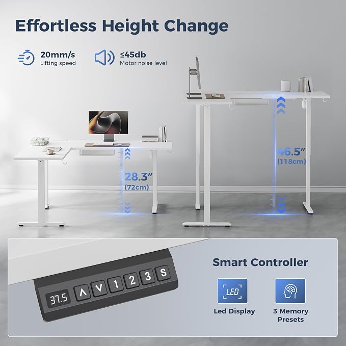 Klicelor L Shaped Standing Desk 75 x 61 Inch,Electric Height Adjustable Corner Desk with Cable Management & Power Outlets, Ergonomic Sit Stand Up Computer Table for Home Office,White - Image 8