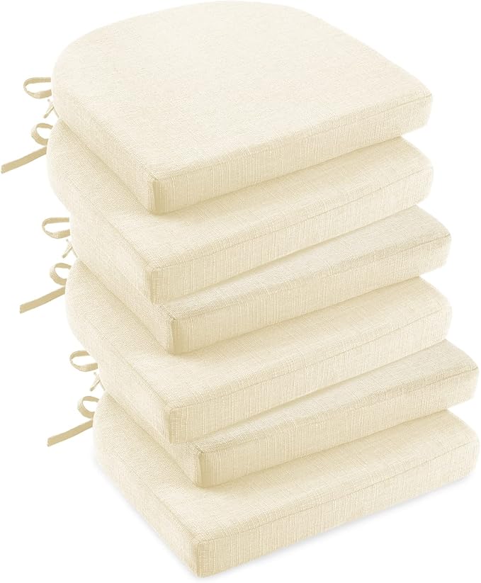 downluxe Indoor Chair Cushions for Dining Chairs, Foam Kitchen Chair Pads with Ties and Non-Slip Backing, 16" x 16" x 2", Beige, 6 Pack by Downluxe