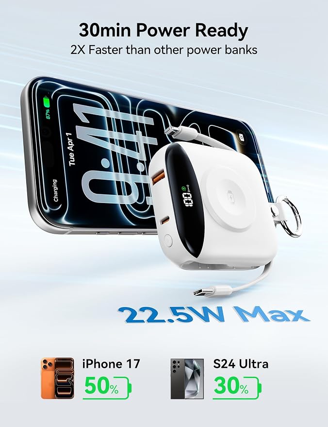 Portable Charger 10000mAh 22.5W Power Bank Built-in 2 Cables Keychain | Charge 5 Devices, TSA approved, Travel Fast Charging Battery Pack for iPhone Samsung Google Android & iWatch Charger, White - Image 6