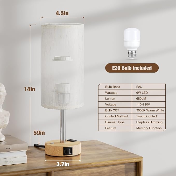 Touch Bedside Table Lamp for Bedroom, Stepless Dimmable, USB A+C, AC Outlet | Base Touch Button Only, Memory Brightness, Ultra-dim Night Light, Included Bulb for Optimal Dimming, Wood Grain Base, Nursery - Image 5