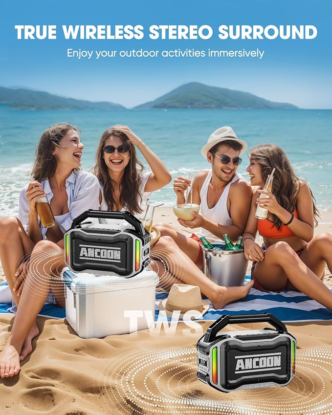 ANCOON Speakers Bluetooth Wireless: 80W(Peak) Loud Speaker with Bass, 20H Playtime, IPX6 Waterproof, Large Jobsite Speakers for Work, Outdoor, Workshop, Garage, Portable Speaker with TWS (White) - Image 4