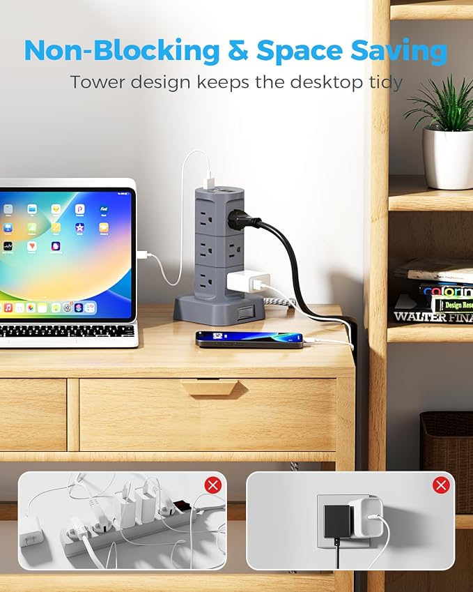 Charging Station Tower, Power Strips with Surge Protection, Flat Plug | 12 Outlets 4 USB Ports, 6Ft Extension Cord with Multiple Outlets, Office Desk Supplies, Dorm Essentials - Image 7