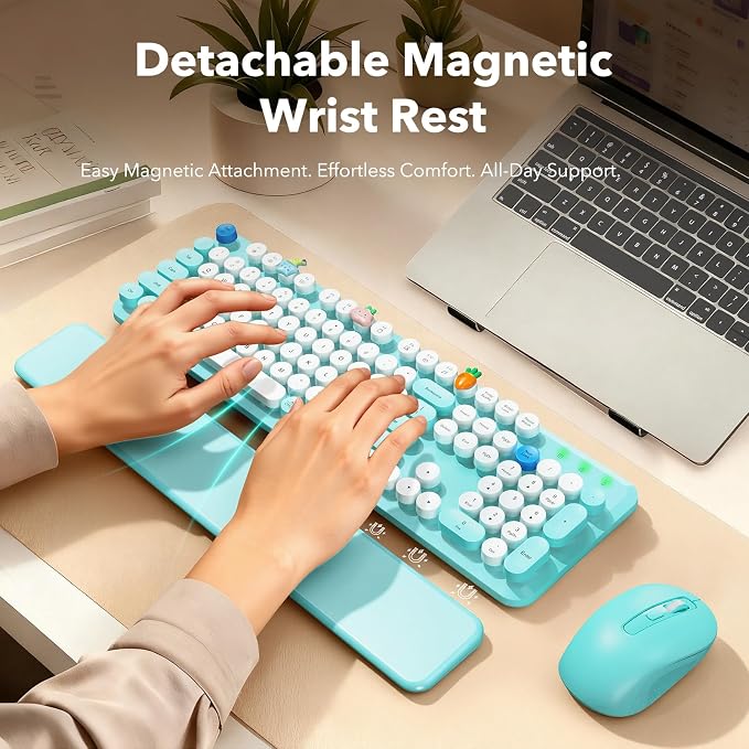 Wireless Keyboard and Mouse Combo, Full-Size Retro Typewriter Keyboard with Round Keycaps, Magnetic Wrist Rest, Tilt Legs, 2.4GHz Cordless for Mac, Windows PC, Laptop, SABLUTE CK23, Robin Egg Blue | Full-Size Retro Typewriter-Style Keyboard, 2.4GHz Cor... - Image 2