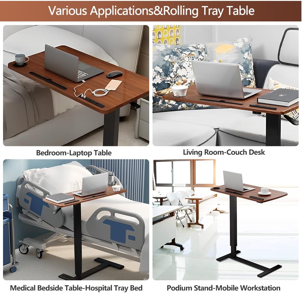Overbed Table with Wheels & USB,Pneumatic Height Adjustable Bedside Table - Image 7