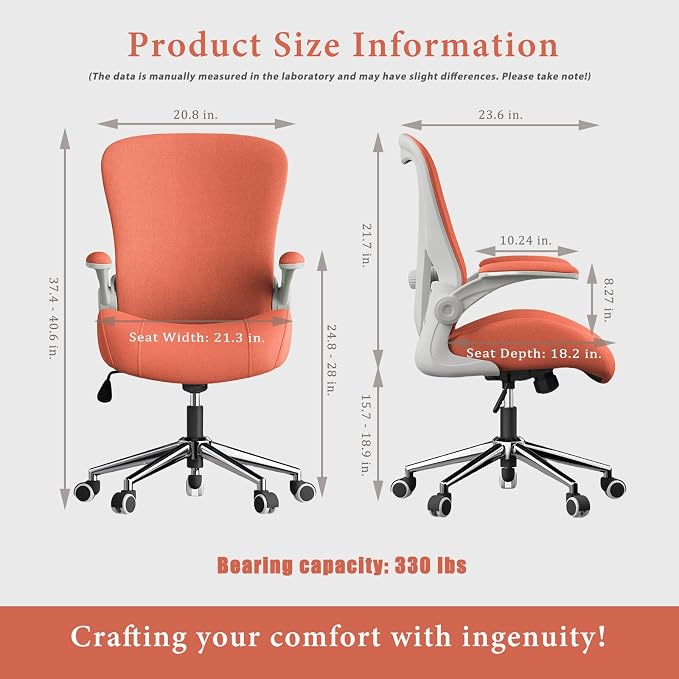 Orange Ergonomic Office Desk Chair, Soft Fabric Thickened Curved seat Cushion with Adjustable Lumbar Support, Perfect Blend of Comfort and Good Looks, Ideal Chair for Home or Office, Orange - Image 2