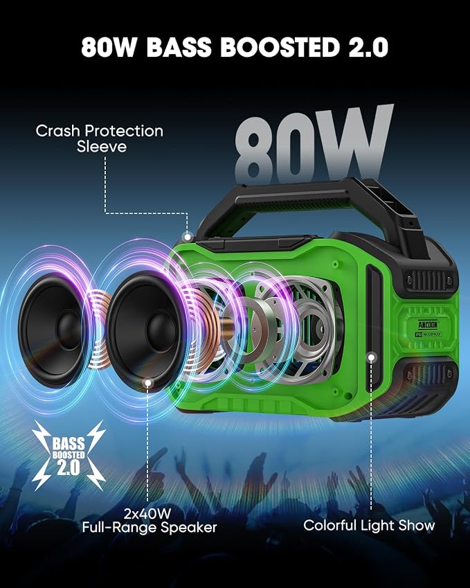 ANCOON Speakers Bluetooth Wireless: 80W(Peak) Loud Speaker with Bass, 20H Playtime, IPX6 Waterproof, Large Jobsite Speakers for Work, Outdoor, Workshop, Garage, Portable Speaker with TWS (Green) - Image 2