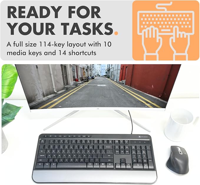 X9 Wired Ergonomic Keyboard - Comfortable Typing - Ergonomic Full Size USB Keyboard with Wrist Rest, Number Pad, Multimedia and 114 Keys - External Computer Keyboard for Laptop, Desktop and Office PC - Image 5
