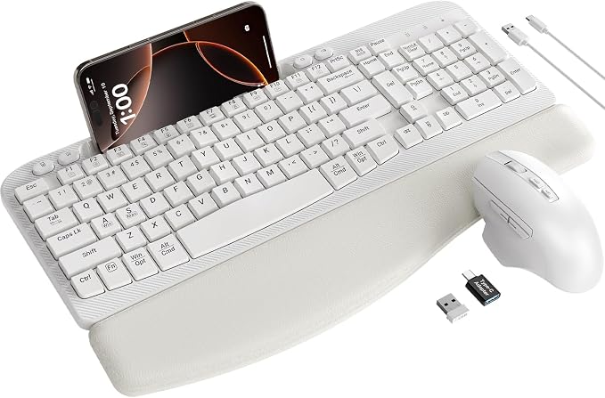 Wireless Keyboard and Mouse Combo with Ergonomic Wave Key | Leather Soft Palm Rest, Rechargeable, 4-Level DPI, Phone Holder, 2.4GHz, MA22 Plus Full Size Set for PC, Laptop, Windows, Mac by SABLUTE