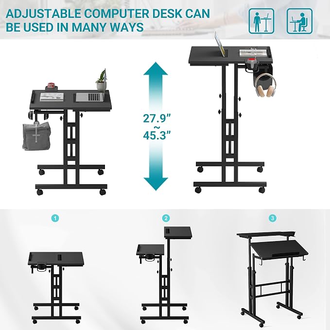 Klvied Adjustable Height Standing Desk with Cup Holder, Portable and Easy to Move, Ideal for Home or Office, Black - Image 8