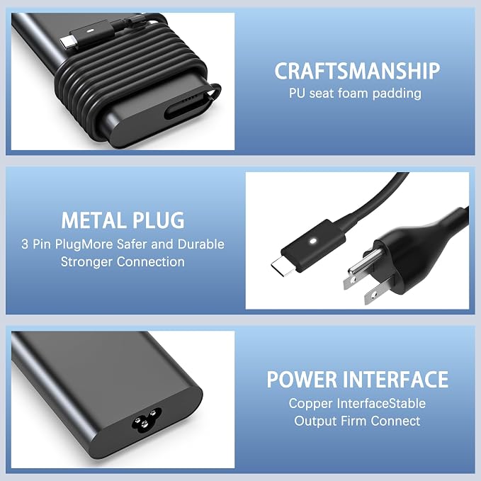 130W USB C Laptop Charger Compatible with Dell Xps 17,Precision 5550 5530 2in1,XPS 15 2in1 9575，Latitude 7410 7310 7210 9410 9510 5420 5520 5510 Power Supply Cord - Image 6