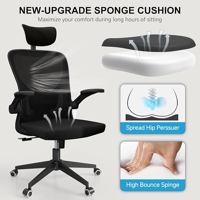 Monhey Office Chair Ergonomic Desk Chair with Lumbar Support&Headrest&Flip-up Arms Height Adjustable Rocking Swivel High Computer Chair Multi-Angle from 90° to 125° with 350LBS Capacity (03All Black) - Image 3