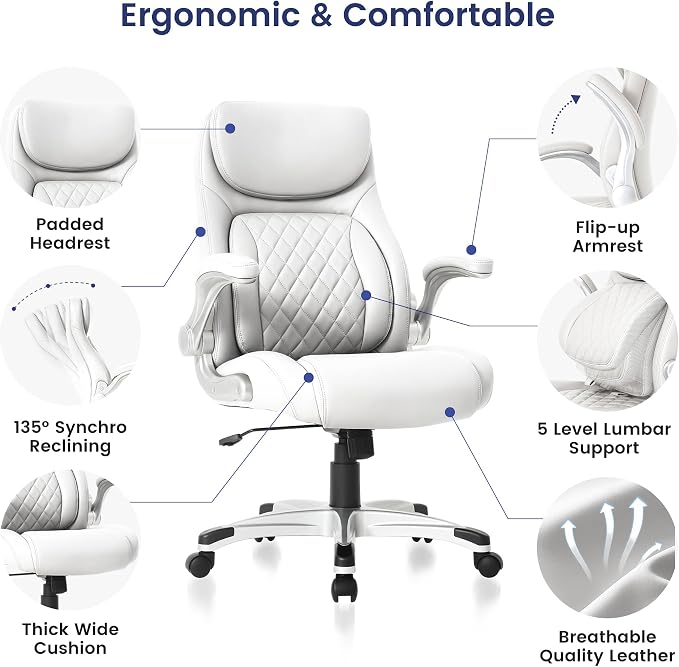 Nouhaus Ergonomic Office Chair Premium Leather Adjustable Lumbar Support & Armrests, High Back Comfy Desk Gaming Chairs Executive Computer Swivel Chair Tilt Function(Posture,White) - Image 3