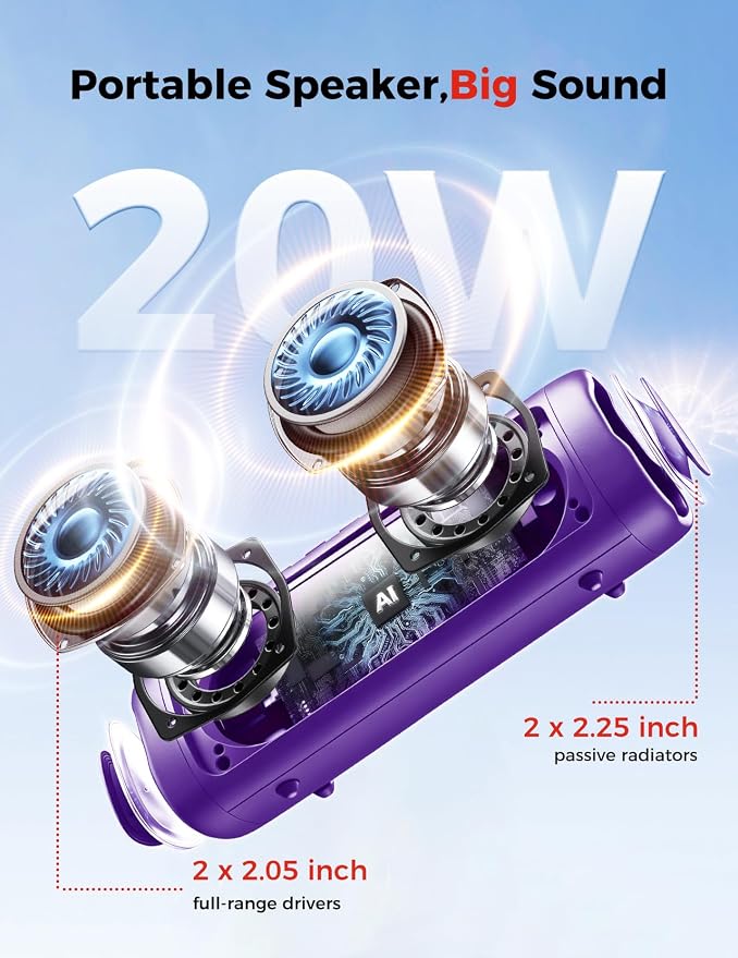 Bluetooth Speaker, 20W HD Sound, Portable Wireless, IPX5 Waterproof, Up to 24H Playtime, TWS Pairing, for Home/Party/Outdoor/Camping/Beach Essentials, Electronic Gadgets, Birthday Gift (Purple) - Image 2