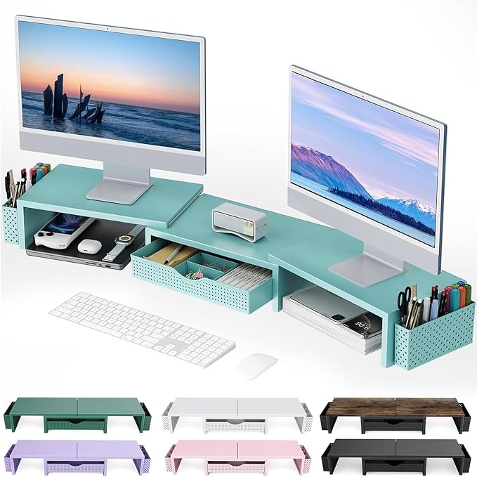 gianotter Dual Monitor Stand Riser With Drawer and 2 Pen Holders | Computer Monitor Stand Desk Organizer and Accessories Desk Shelf for Top of Desk (Blue) by gianotter