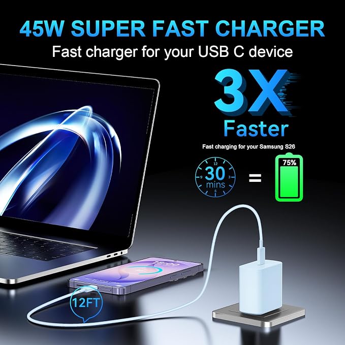 45W USB C Super Fast Charger Type C Charger Fast Charging Android Phone Charger Block with 10FT Type C Charging Cable for Samsung Galaxy S26 Ultra/S26/S26+/S25/S25 Ultra/S25+/S24 Ultra/S23 Ultra/S22 - Image 6