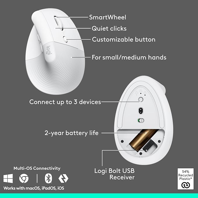 Logitech Wave Keys and Lift Vertical Mouse Combo with Palm Rest - Off-White | Cushioned palm rest, Easy-Switch, Bluetooth, compatible with Multi-OS, designed for Windows and Mac, vertical design - Image 7