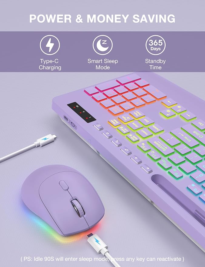 Wireless Keyboard and Mouse Combo, 9 Backlit Effects, RGB, 2.4GHz | Ergonomic Wrist Rest, Phone Holder, Rechargeable, Full Size, KM22 MAX Silent Set for Computer, Laptop, Mac, Windows (Purple) - Image 4