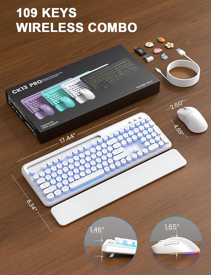 Wireless Keyboard and Mouse, Backlit Typewriter with Magnetic Wrist Rest | Phone Holder, Light Up Round Keycaps, Lighting Mouse, 2.4GHz Cordless Set for Mac, Windows, PC, Laptop, SABLUTE - Image 9