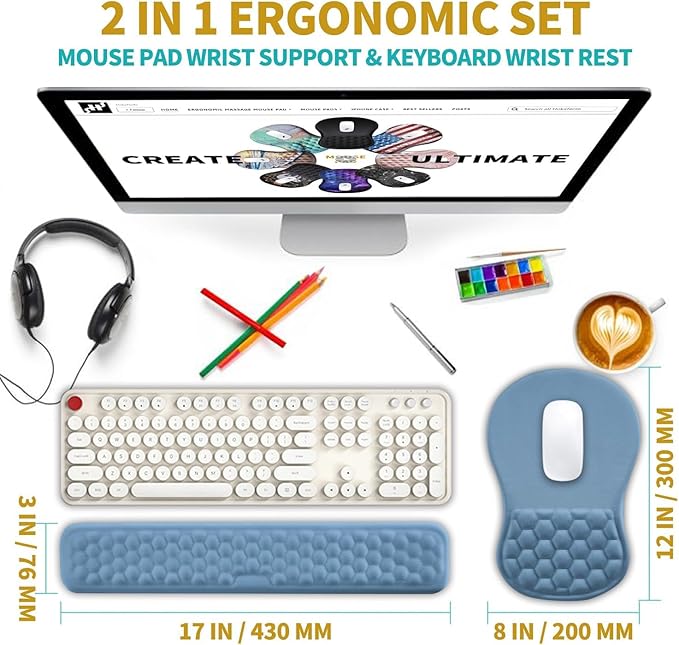 Hokafenle 2 in 1 Ergonomic Mouse Pad Wrist Support & Wrist Rest for Computer Keyboard Set, with Relieve Carpal Tunnel Pain Massage Bulge and Full Memory Gel Design (2In1 Set, Lake Blue) - Image 2