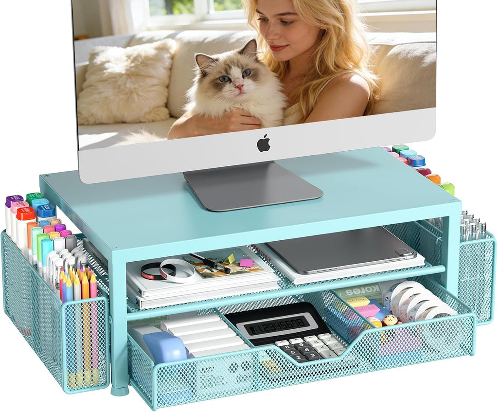 Desk Organizer, Monitor Stand Riser with Drawer and 2 Pen Holders by OPNICE