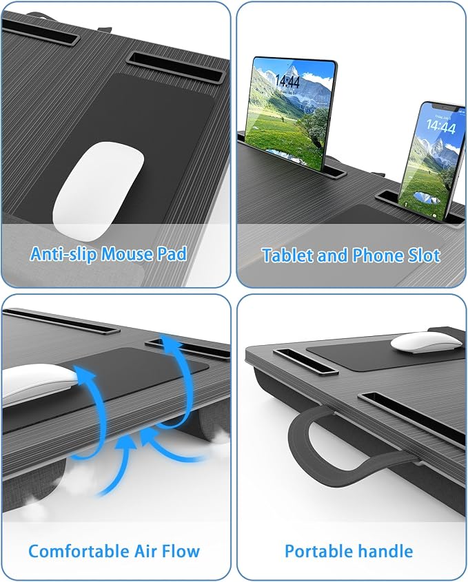 HETTHI Laptop Lap Desk, Portable Large Laptop Desk for Bed, Up to 17 Inch Lap Pad Tray with Wrist Rest, Mouse Pad, Tablet Phone Slot, Portable Handle, Cushion (Black) - Image 4