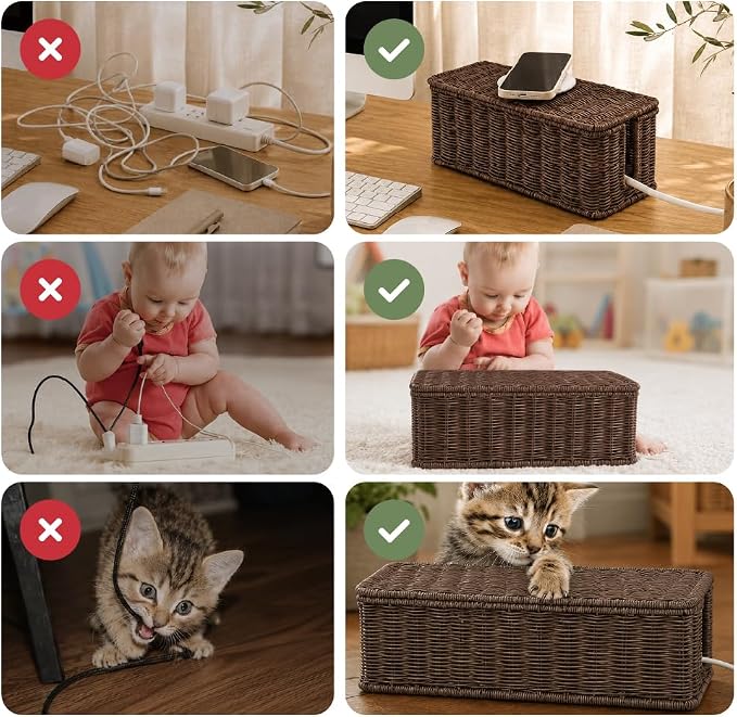 Cable Management Box, Handmade Rattan Cord Organizer for Power Strip | Open Slots Cord Hider for Power Strip, Router & USB Hub, Registered U.S. Design Patent - Image 8