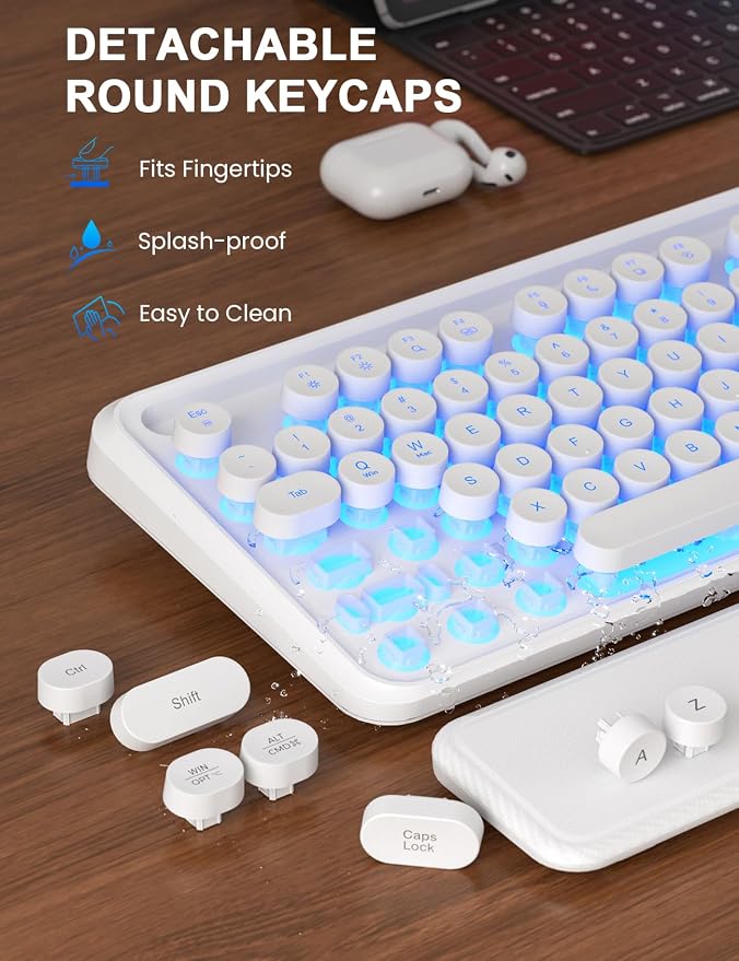 Wireless Keyboard and Mouse, Backlit Typewriter with Magnetic Wrist Rest | Phone Holder, Light Up Round Keycaps, Lighting Mouse, 2.4GHz Cordless Set for Mac, Windows, PC, Laptop, SABLUTE - Image 8