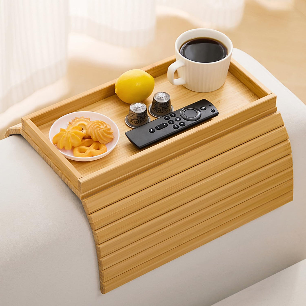 Bamboo Couch Arm Tray Table，Foldable Sofa Armrest Tray Table for Couch，Flexible and Anti-Slip Couch Arm Cup Holder，Portable Sofa Arm Chair Table for Drink,Cups, Eats，Snacks, Phone, Remote by HNLISA