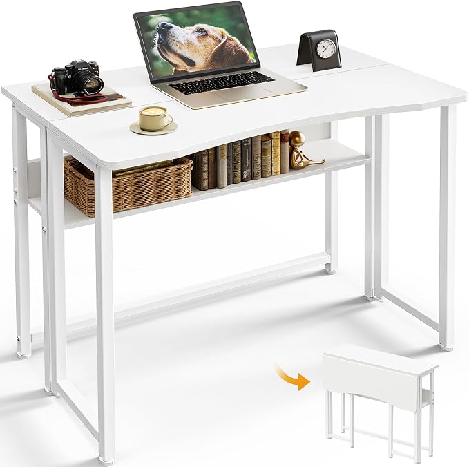 Huuger Folding Desk with Storage Shelf, 31.5 Inch Foldable Computer Table | Writing Work Office Computer Desk for Small Spaces, Space Saving Sofa Table for Couch, Easy to Fold, White by Huuger