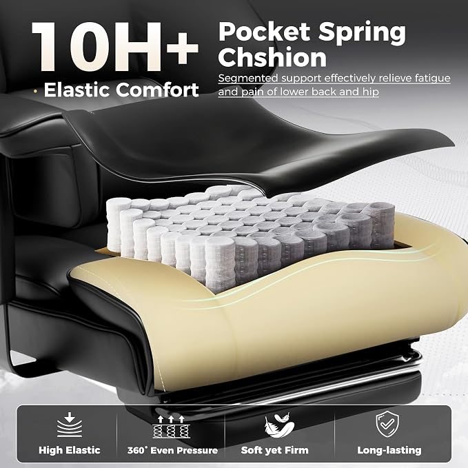 GTPLAYER Big and Tall Gaming Chair 400lbs Heavy Duty Office Chair with Foot Rest & Ergonomic Pocket Spring Cushion, High Back Lumbar Support for Lower Back Pain Relief, Ergo Black - Image 4