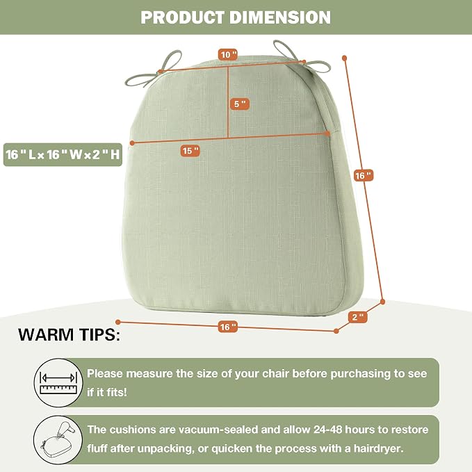 Battilo Chair Cushions for Dining Chairs with Ties, Indoor/Outdoor Kitchen Chair Pad with Non-Slip Backing, Dining Seat Cushion with Machine Washable Removable Cover, 16"x16"x2", Set of 2, Sage Green - Image 3