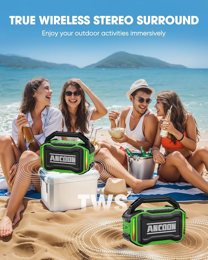 ANCOON Speakers Bluetooth Wireless: 80W(Peak) Loud Speaker with Bass, 20H Playtime, IPX6 Waterproof, Large Jobsite Speakers for Work, Outdoor, Workshop, Garage, Portable Speaker with TWS (Green) - Image 4