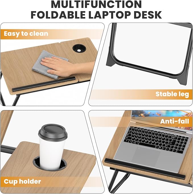 Laptop Bed Desk, 5-Angle Adjustable Bed Laptop Table with Cup Holder | Foldable Laptop Stand for Couch & Sofa, Portable Laptop Tray for Adults Writing Reading Eating, Walnut - Image 5