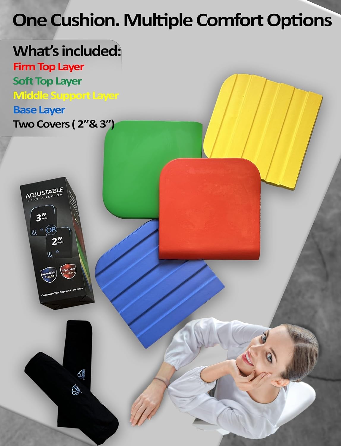 Adjustable Memory Foam Seat Cushion, Custom Height & Firmness, Ergonomic Office Chair Cushion for Coccyx, Sciatica & Tailbone Pain Relief, Car Seat & Wheelchair - Image 3