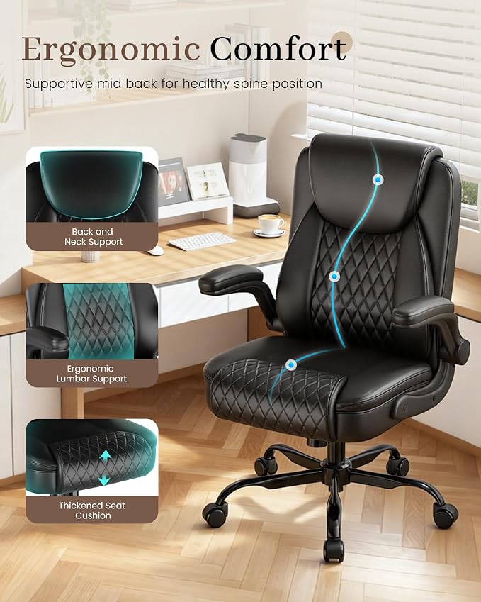 COMHOMA Mid-Back Office Chair, Ergonomic PU Desk Chair with Flip up Arms, Small Computer Gaming with Comfy Lumbar Support,Rocking Function,Sturdy Metal Base, Ink Black - Image 6