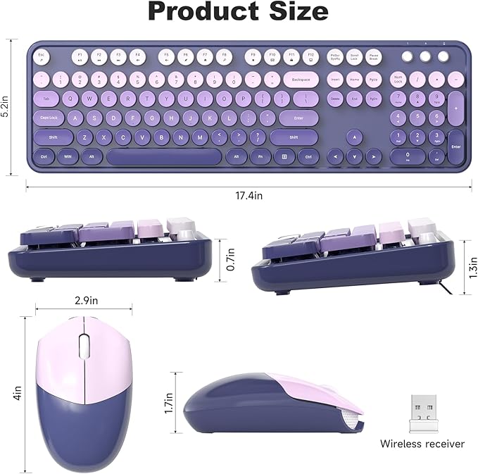 MOFII Wireless Keyboard and Mouse Combo, 2.4GHz Retro Typewriter Keyboard Full Size, Cute Wireless Mice, USB Dongle Plug and Play, for Laptop, PC, Desktop, Windows (Purple Gradient Color) - Image 7