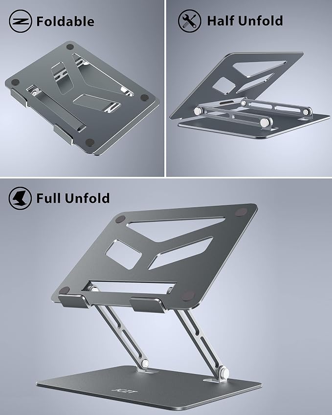 JCZT Adjustable Laptop Stand, Aluminum Laptop Stand for Desk, Classic Grey | Ergonomic Portable Laptop Stand, Ventilated Cooling Computer Notebook Holder for MacBook Air Pro, All 10-16'' Laptops - Image 6