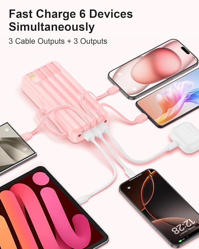 Portable Charger 27000mAh 30W Fast Charging Power Bank | Built-in Cables, LED Display, 6 Outputs & 2 Inputs, USB C Battery Pack, Compatible with iPhone, Samsung, Google - Image 5